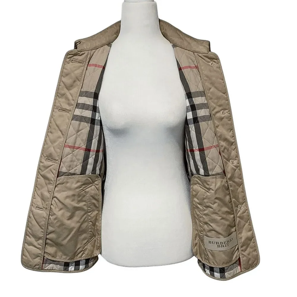 Burberry Brit Women’s Small Beige Quilted Jacket Nova Check Cuffs Classic Coat - Picture 6 of 13